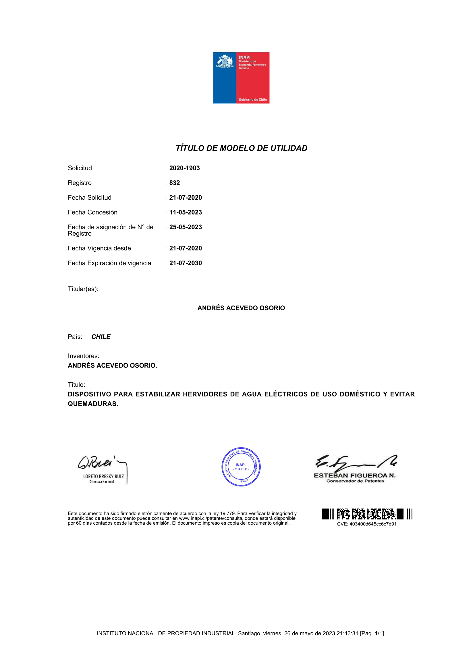 Certificado Patente INAPI Chile